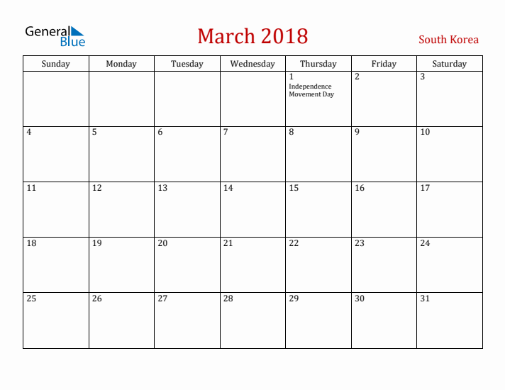 South Korea March 2018 Calendar - Sunday Start