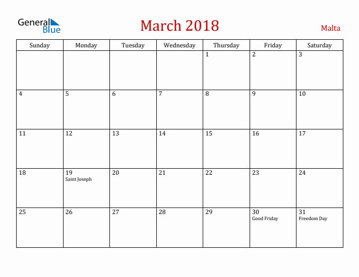 Malta March 2018 Calendar - Sunday Start
