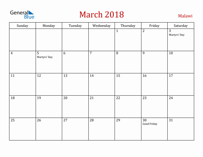 Malawi March 2018 Calendar - Sunday Start