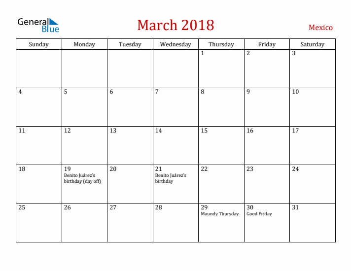 Mexico March 2018 Calendar - Sunday Start