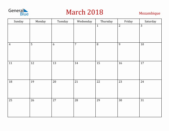 Mozambique March 2018 Calendar - Sunday Start