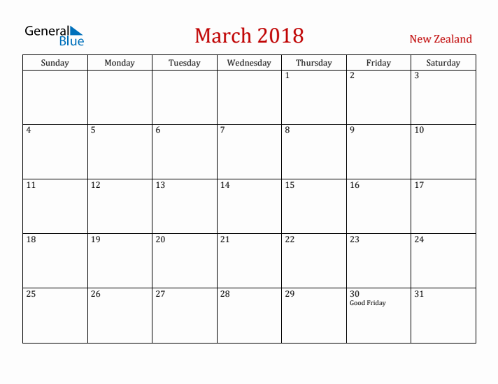 New Zealand March 2018 Calendar - Sunday Start