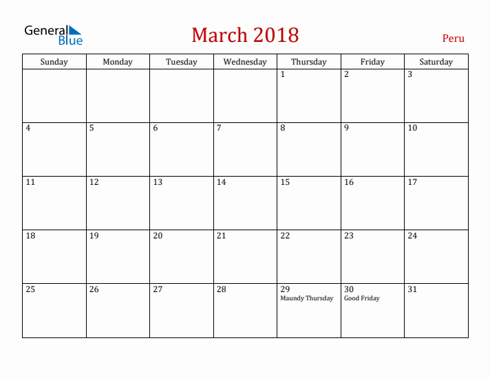 Peru March 2018 Calendar - Sunday Start