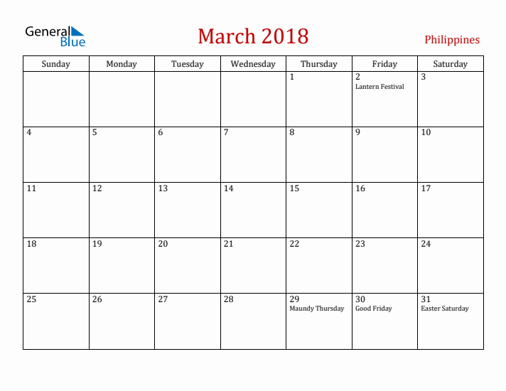Philippines March 2018 Calendar - Sunday Start