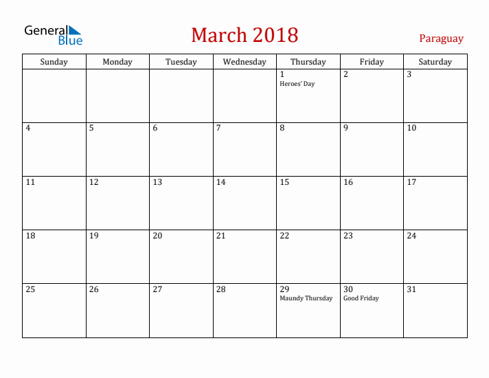 Paraguay March 2018 Calendar - Sunday Start
