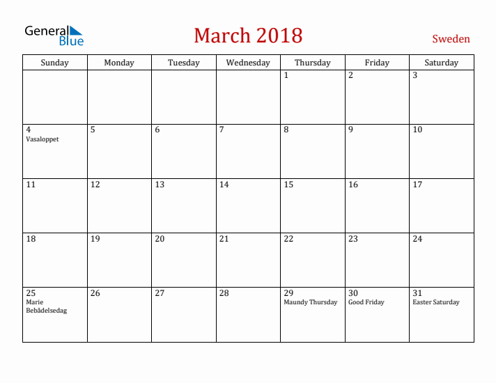 Sweden March 2018 Calendar - Sunday Start