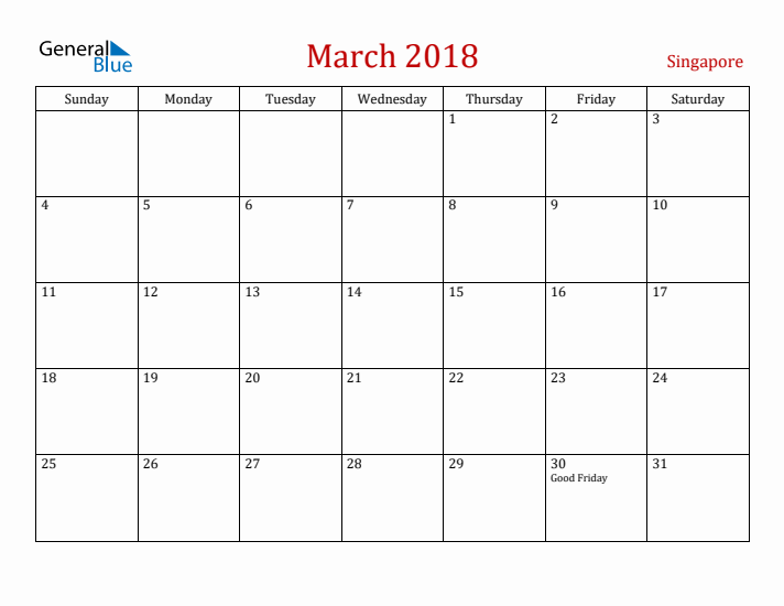 Singapore March 2018 Calendar - Sunday Start