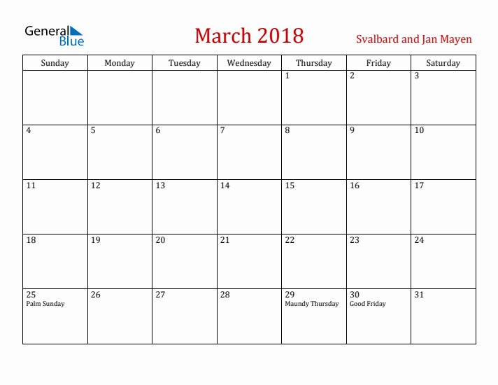 Svalbard and Jan Mayen March 2018 Calendar - Sunday Start