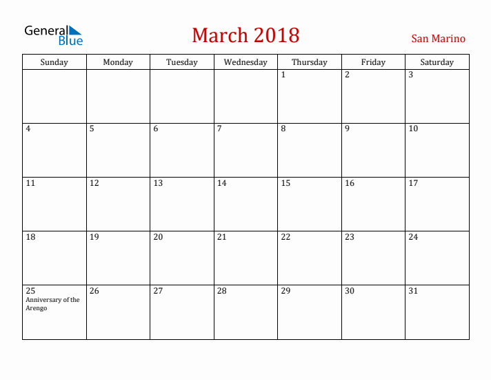 San Marino March 2018 Calendar - Sunday Start