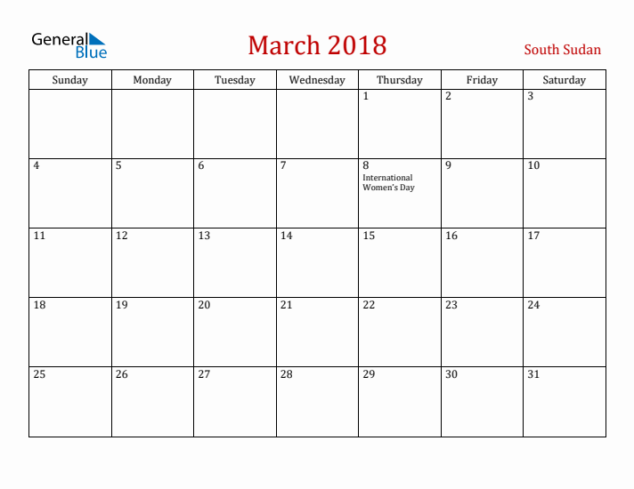 South Sudan March 2018 Calendar - Sunday Start