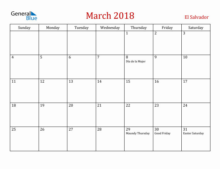 El Salvador March 2018 Calendar - Sunday Start