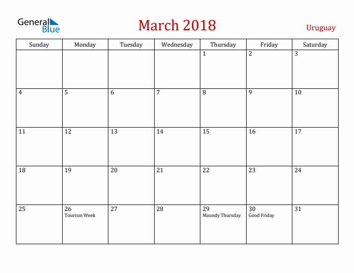Uruguay March 2018 Calendar - Sunday Start