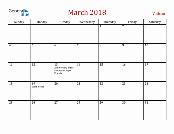 Vatican March 2018 Calendar - Sunday Start