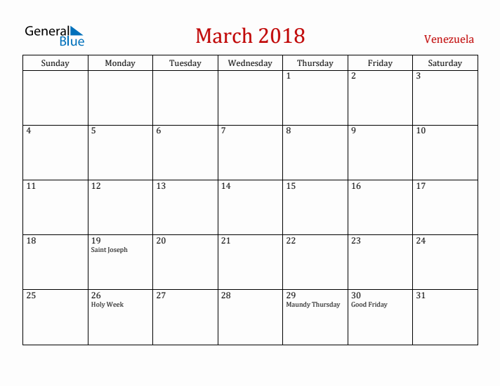 Venezuela March 2018 Calendar - Sunday Start