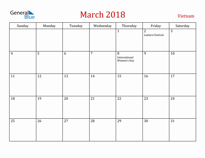 Vietnam March 2018 Calendar - Sunday Start