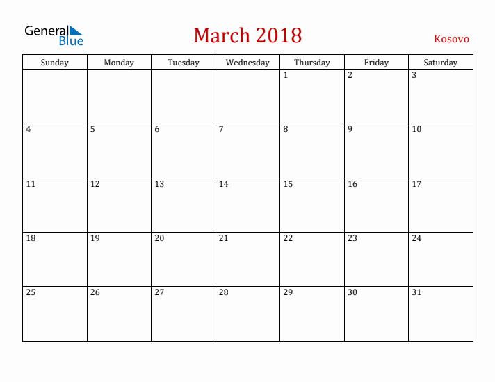Kosovo March 2018 Calendar - Sunday Start