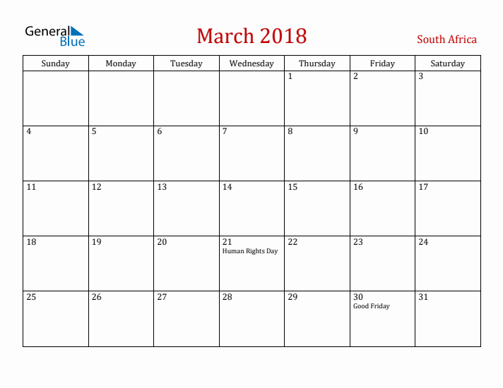 South Africa March 2018 Calendar - Sunday Start