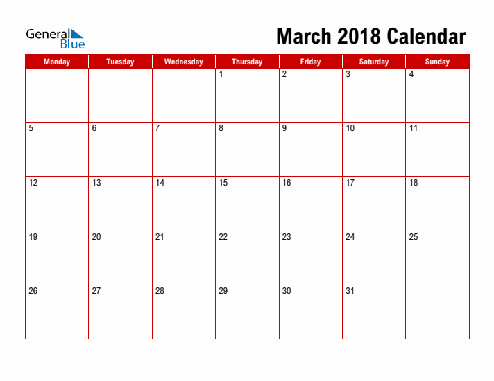 Simple Monthly Calendar - March 2018