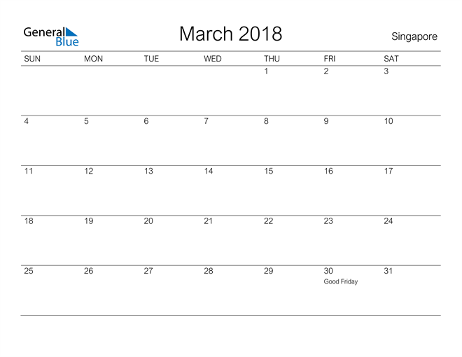 Singapore March 2018 Calendar with Holidays