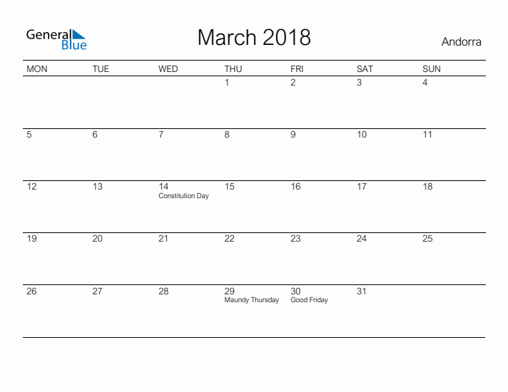 Printable March 2018 Calendar for Andorra