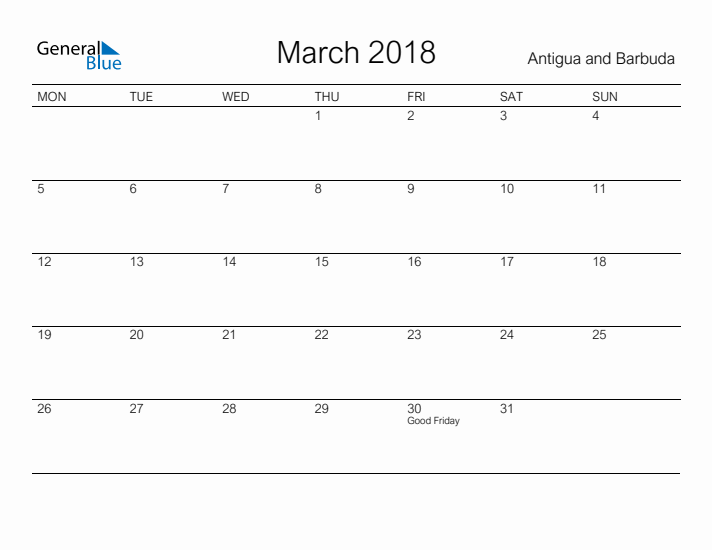 Printable March 2018 Calendar for Antigua and Barbuda