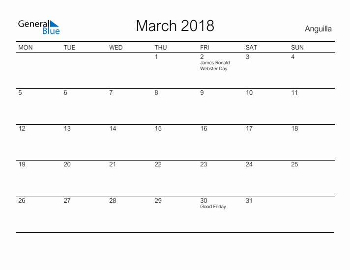 Printable March 2018 Calendar for Anguilla
