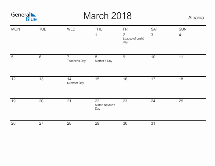 Printable March 2018 Calendar for Albania