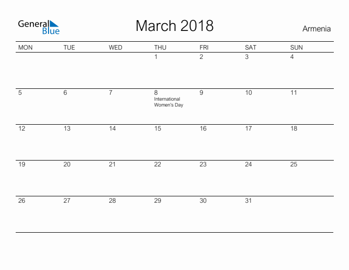Printable March 2018 Calendar for Armenia