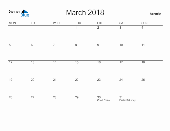 Printable March 2018 Calendar for Austria