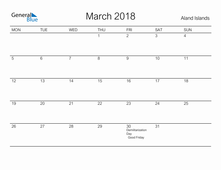 Printable March 2018 Calendar for Aland Islands