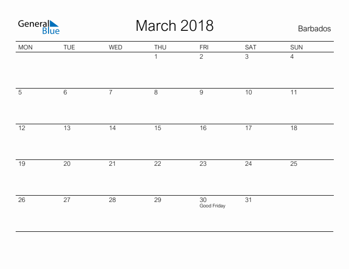 Printable March 2018 Calendar for Barbados