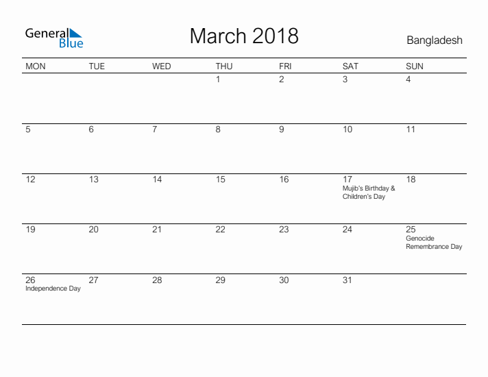 Printable March 2018 Calendar for Bangladesh