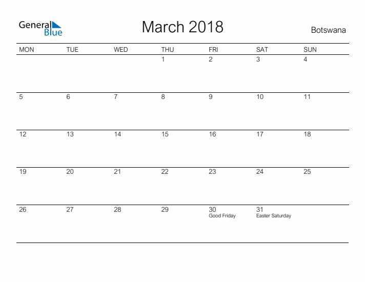 Printable March 2018 Calendar for Botswana