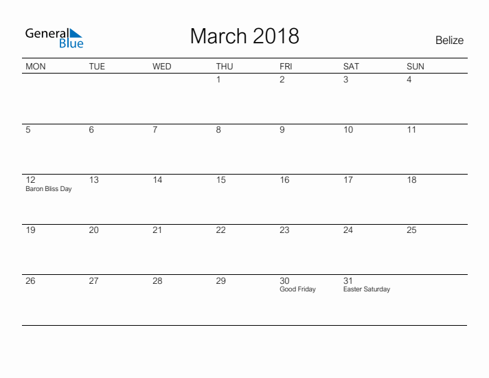 Printable March 2018 Calendar for Belize