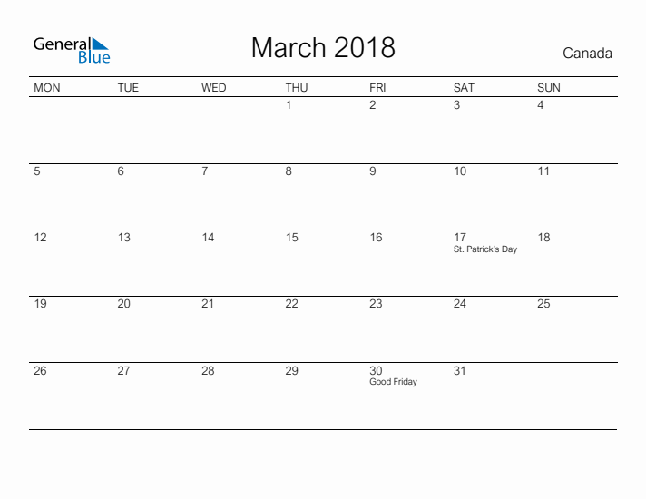 Printable March 2018 Calendar for Canada
