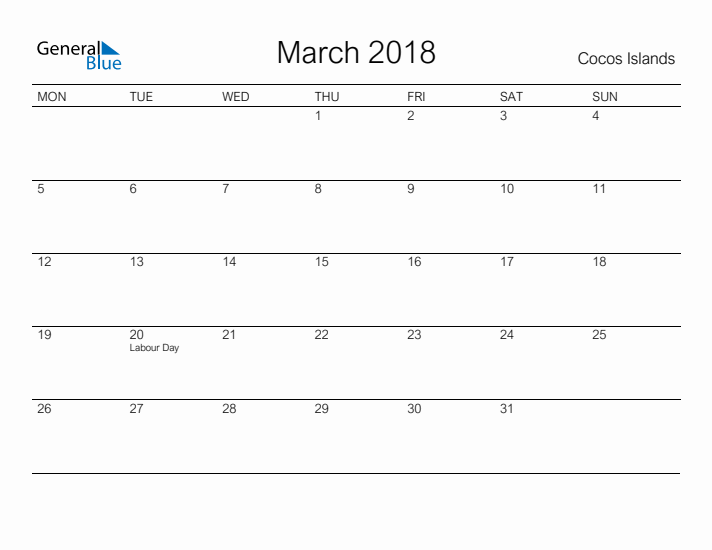 Printable March 2018 Calendar for Cocos Islands