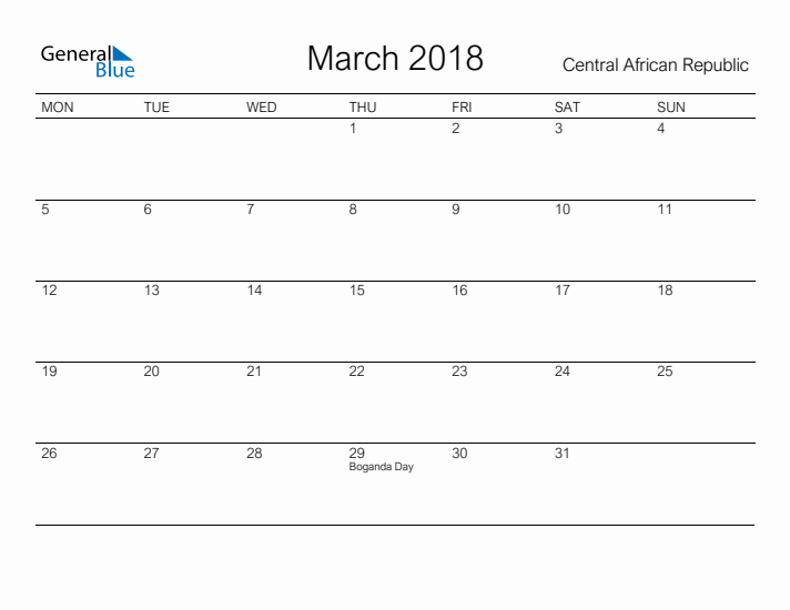Printable March 2018 Calendar for Central African Republic
