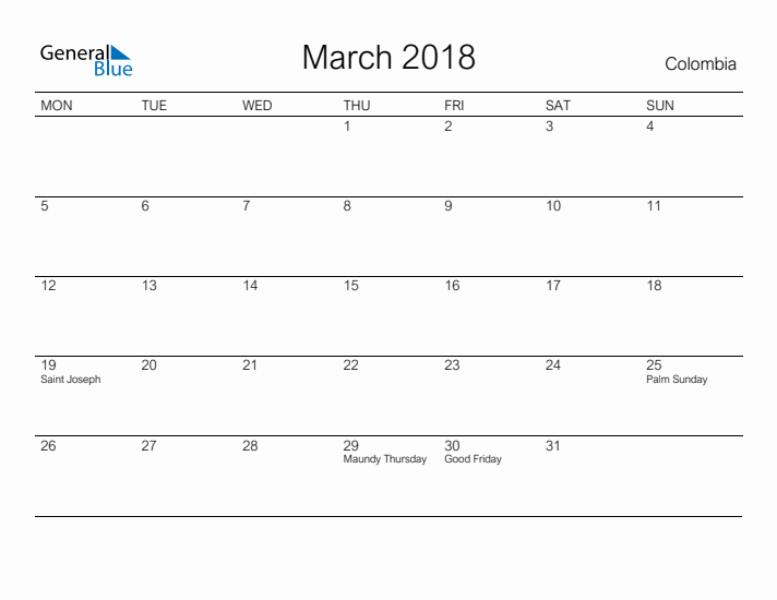 Printable March 2018 Calendar for Colombia