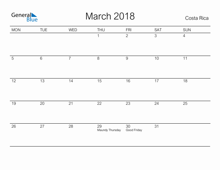 Printable March 2018 Calendar for Costa Rica