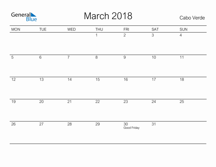 Printable March 2018 Calendar for Cabo Verde