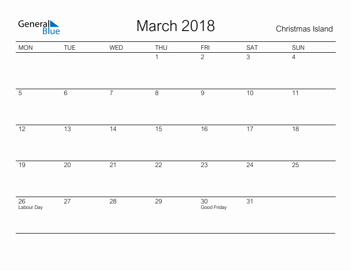 Printable March 2018 Calendar for Christmas Island