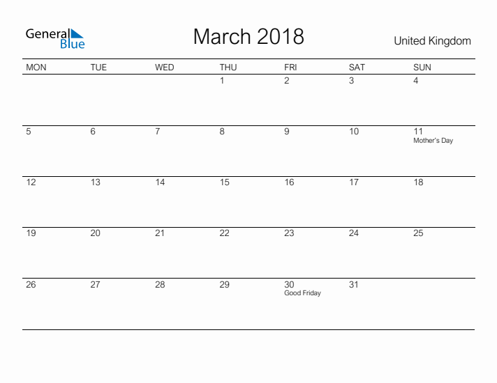 Printable March 2018 Calendar for United Kingdom