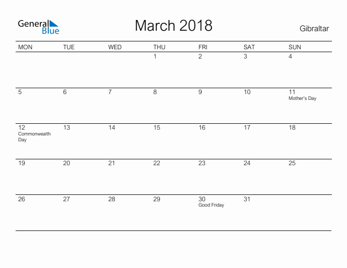 Printable March 2018 Calendar for Gibraltar