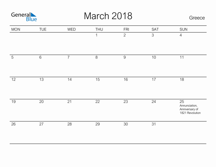 Printable March 2018 Calendar for Greece