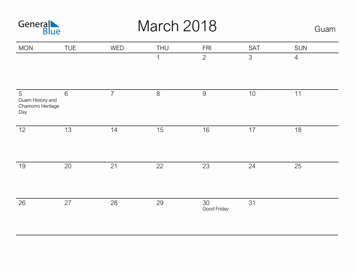 Printable March 2018 Calendar for Guam