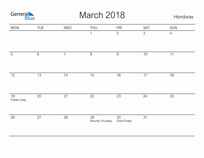 Printable March 2018 Calendar for Honduras