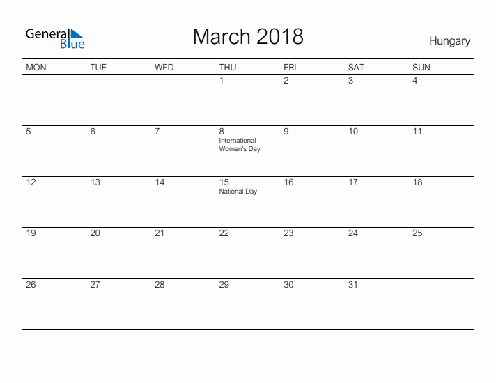 Printable March 2018 Calendar for Hungary