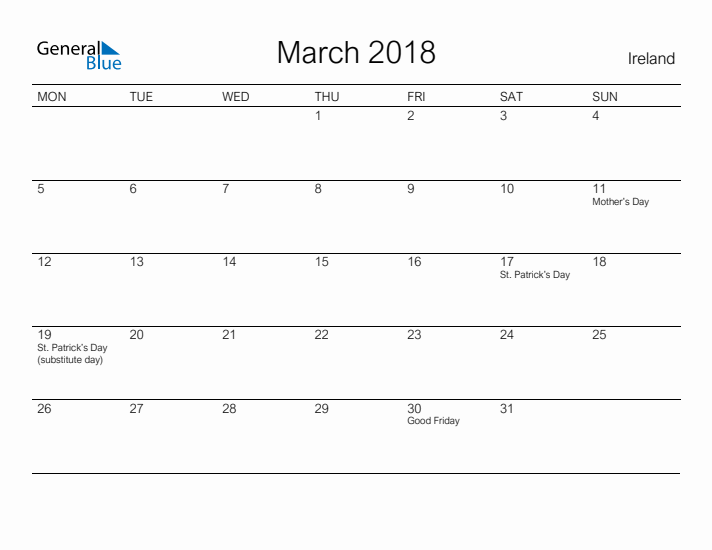 Printable March 2018 Calendar for Ireland