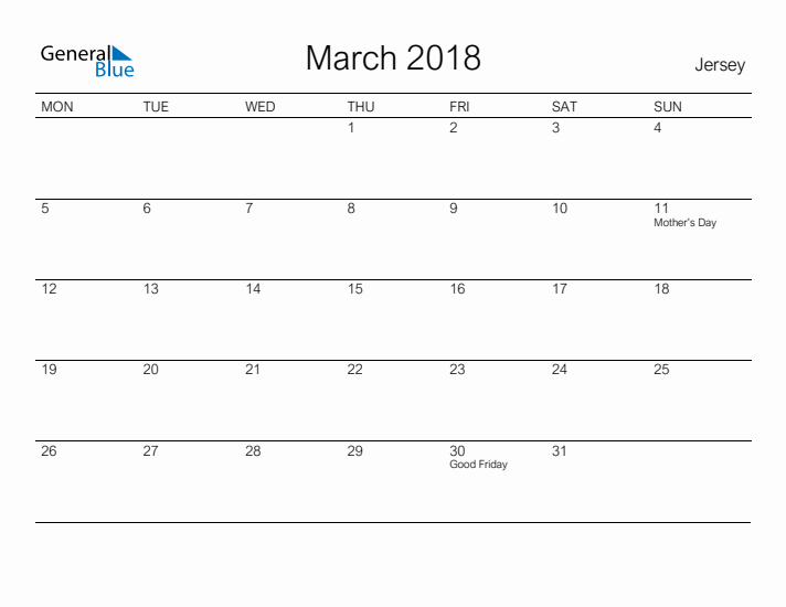 Printable March 2018 Calendar for Jersey
