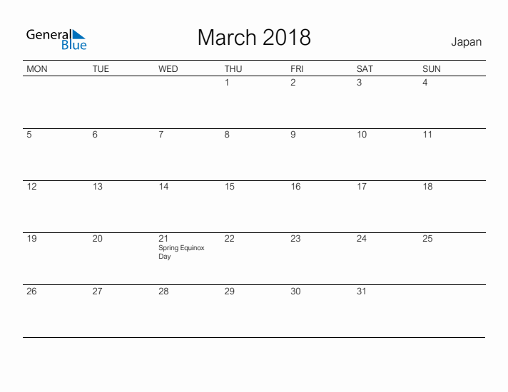 Printable March 2018 Calendar for Japan